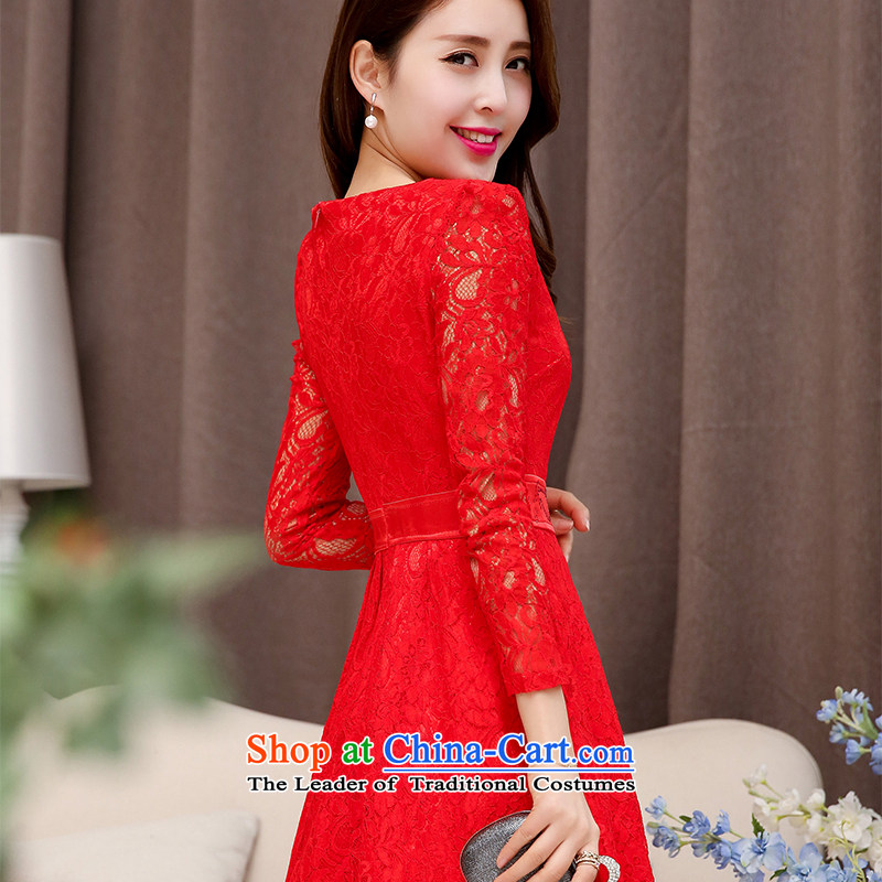 The OSCE to pull the autumn 2015 a new oufulo of Chinese collar lace hook flower design engraving cuffs minimalist Sau San dress new products bows to Europe,L,red dress (oufulo) , , , shopping on the Internet