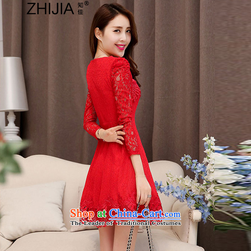 Known Good 2015 new fall inside the trendy lace hook spend long-sleeved engraving round-neck collar wedding dresses large decorated in video thin female red XL, known good (ZHIJIA) , , , shopping on the Internet