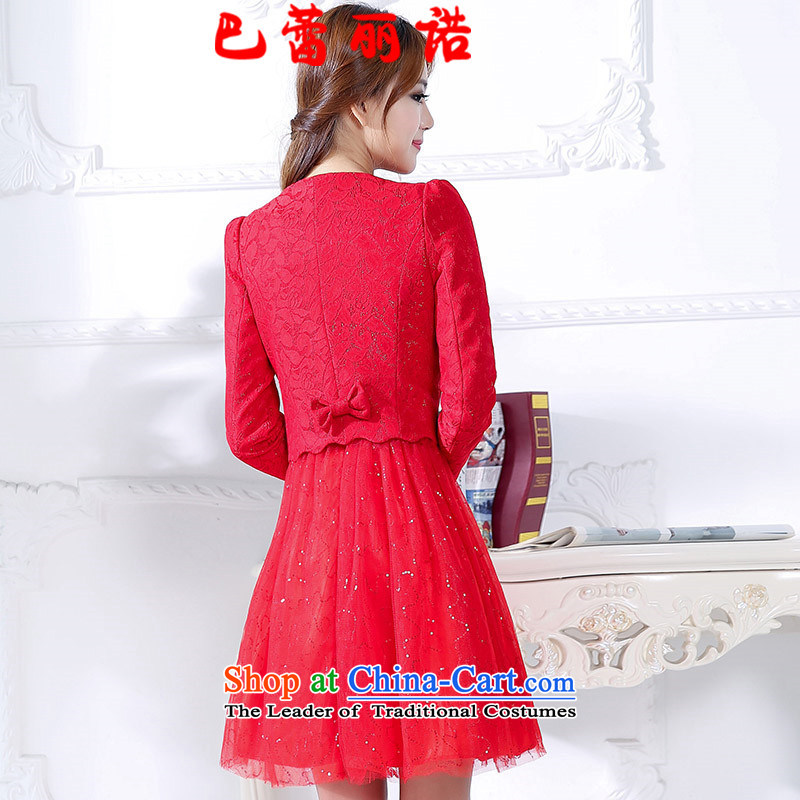 The buds of 2015 autumn and winter, new lace stitching Mesh on red bride long-sleeved bows serving two kits bridesmaid dresses dress RED M Bar Lei Li, , , , shopping on the Internet