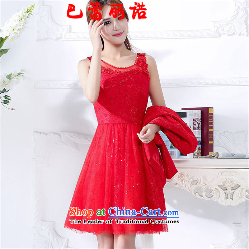 The buds of 2015 autumn and winter, new lace stitching Mesh on red bride long-sleeved bows serving two kits bridesmaid dresses dress RED M Bar Lei Li, , , , shopping on the Internet