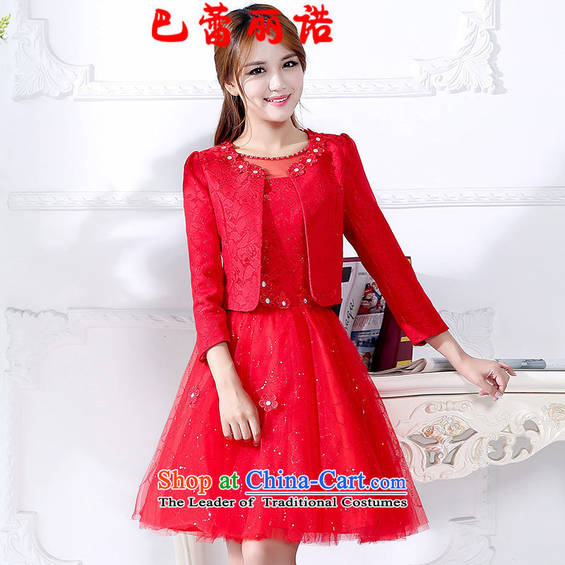 The buds of 2015 autumn and winter, new light slice gauze fluoroscopy back sleeveless dresses bride wedding dress + short of Cape small two kits bows services red?L