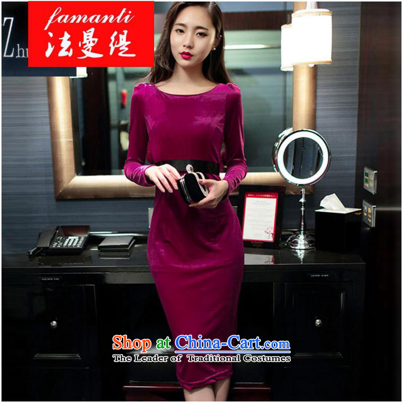 The Cayman Economy 2015 Autumn law new for women forming the long-sleeved gray velour sexy high pockets and dresses Female dress long skirt aubergineL