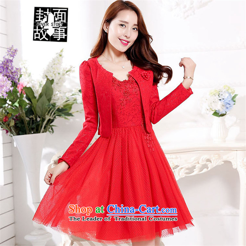 Cover Story autumn_ dress dresses kit V-Neck retro lace bows small red dress banquet with two-piece bride bows dress redXL