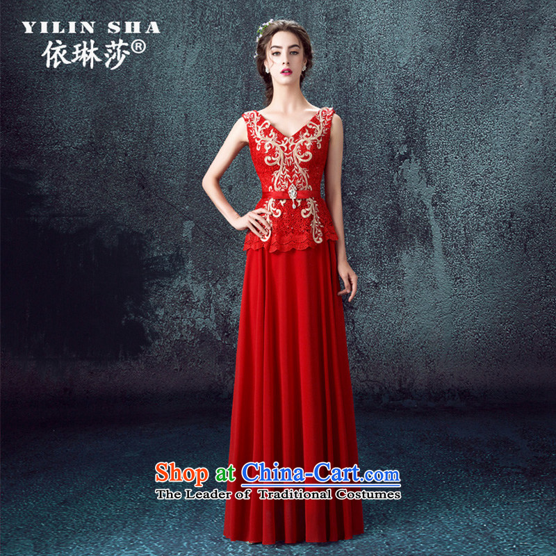 According to Lin Sha shoulders marriages bows Services Red Dress crowsfoot 2015 New banquet dress dresses autumn red tailored consulting customer service