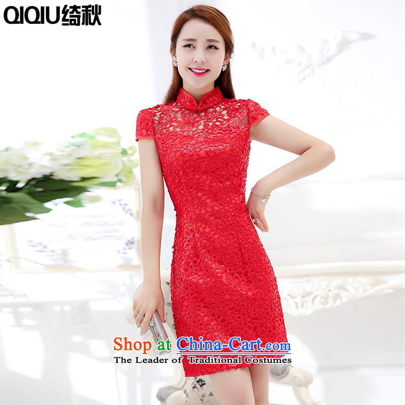 As autumn 2015 Spring and Autumn new festive red night ceremony clothing Sau San lace qipao larger bows services bridesmaids performances female RED M code service recommendations 82-102 catty weight through