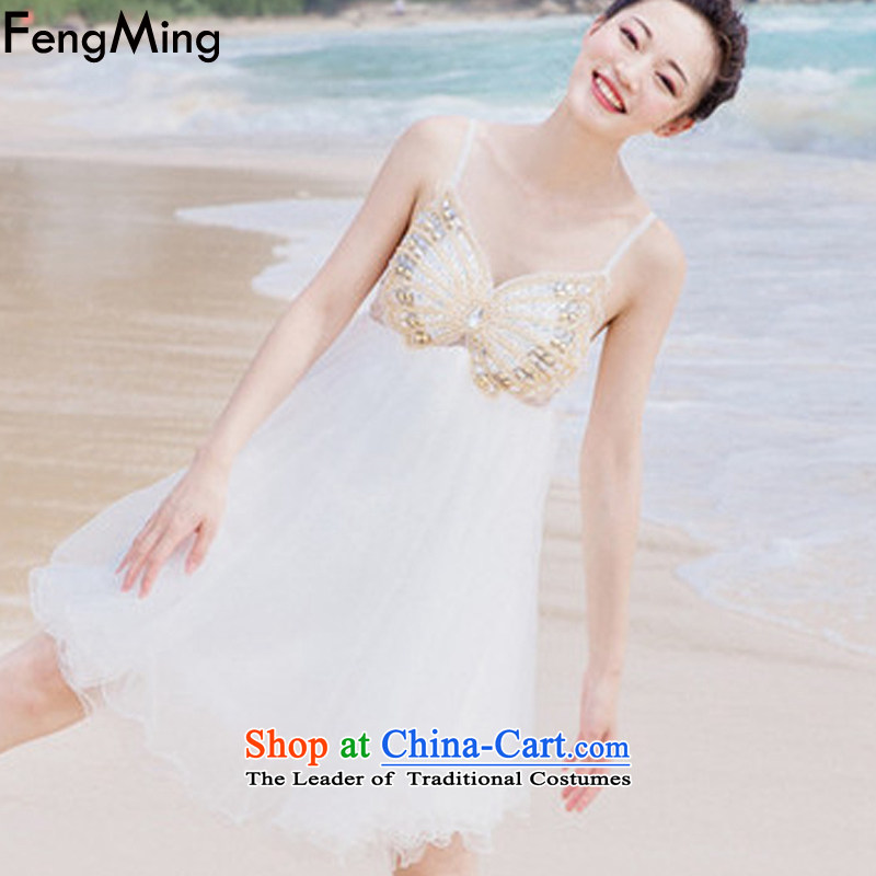 Hsbc Holdings plc Ming resort fairies skirt 2015 Butterfly heavy industry staples pearl strap dresses lei mesh yarn stitching doll skirt evening dress skirt white L, HSBC Holdings plc (fengming ming) has been pressed shopping on the Internet