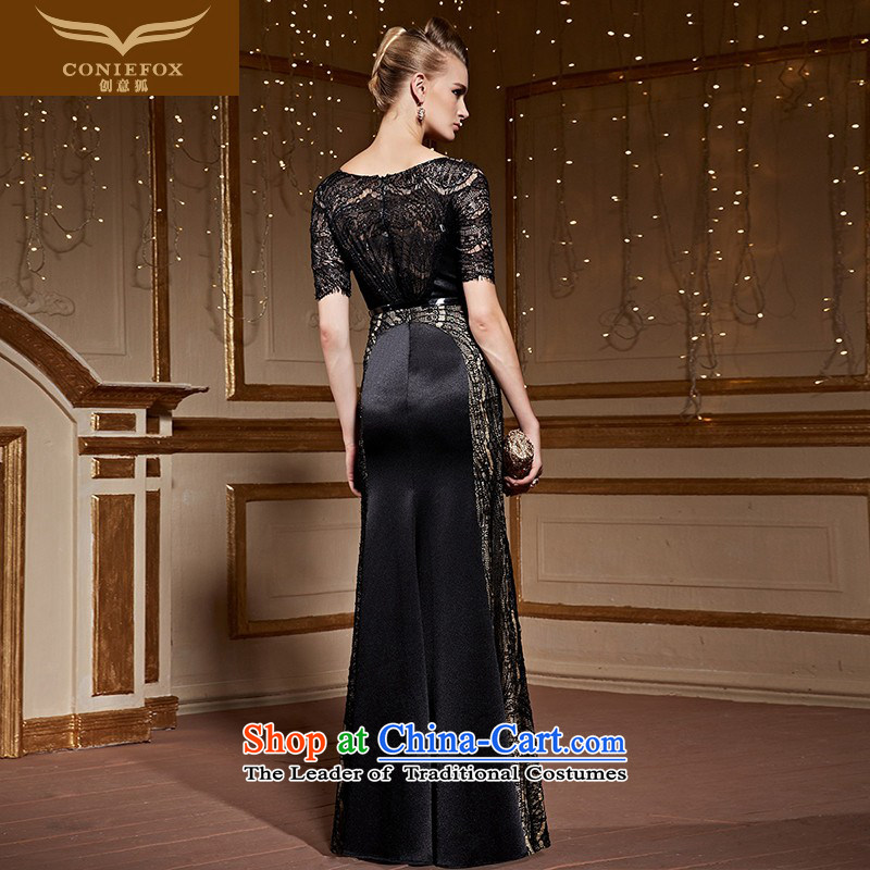 Creative Fox stylish lace short-sleeved gown long skirt Sau San long round-neck collar shoulders dress was chaired by evening dress toasting champagne annual service 30952 Black S, creative Fox (coniefox) , , , shopping on the Internet