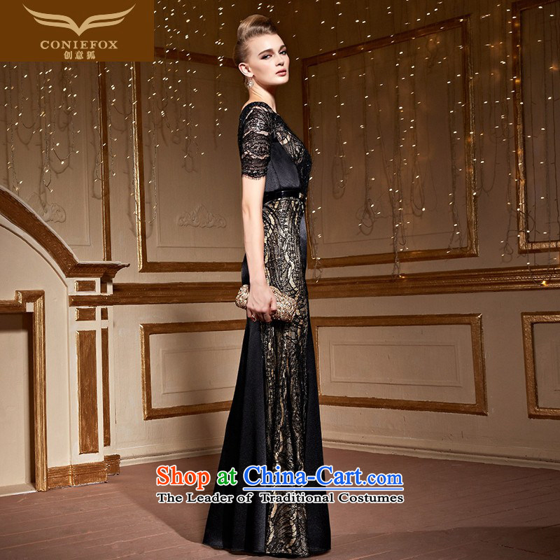 Creative Fox stylish lace short-sleeved gown long skirt Sau San long round-neck collar shoulders dress was chaired by evening dress toasting champagne annual service 30952 Black S, creative Fox (coniefox) , , , shopping on the Internet