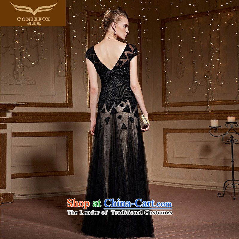 Creative Fox stylish shoulders banquet dinner dress black evening drink service elegant long V-Neck chaired dress reception party long skirt 30966 Black and Silver Fox (coniefox S creative) , , , shopping on the Internet