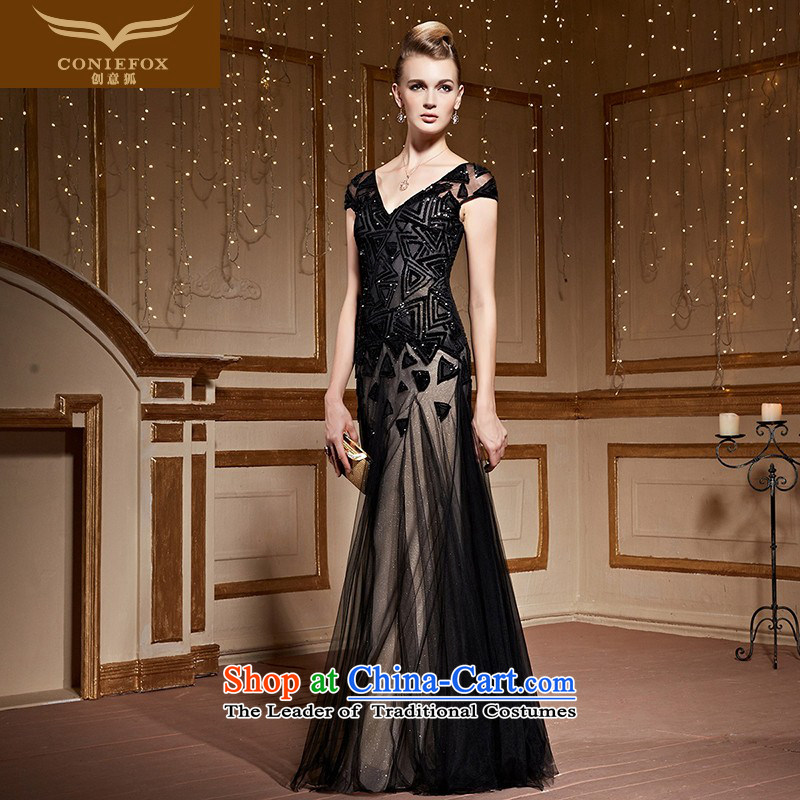 Creative Fox stylish shoulders banquet dinner dress black evening drink service elegant long V-Neck chaired dress reception party long skirt 30966 Black and Silver Fox (coniefox S creative) , , , shopping on the Internet
