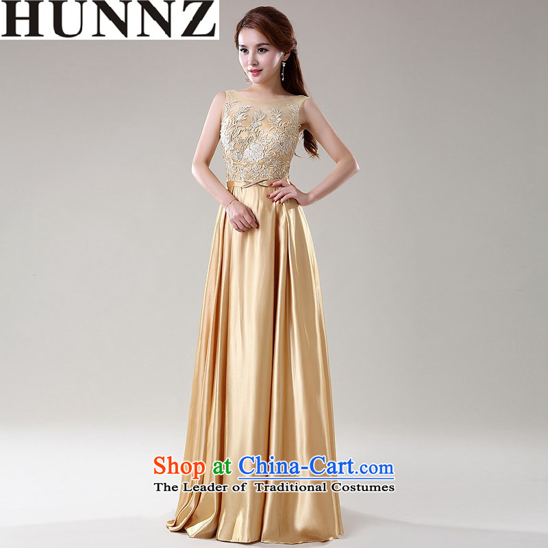 2015 New Korea HUNNZ fashion and larger bride wedding dress bridesmaid service banquet service Champagne Gold XL,HUNNZ,,, bows shopping on the Internet