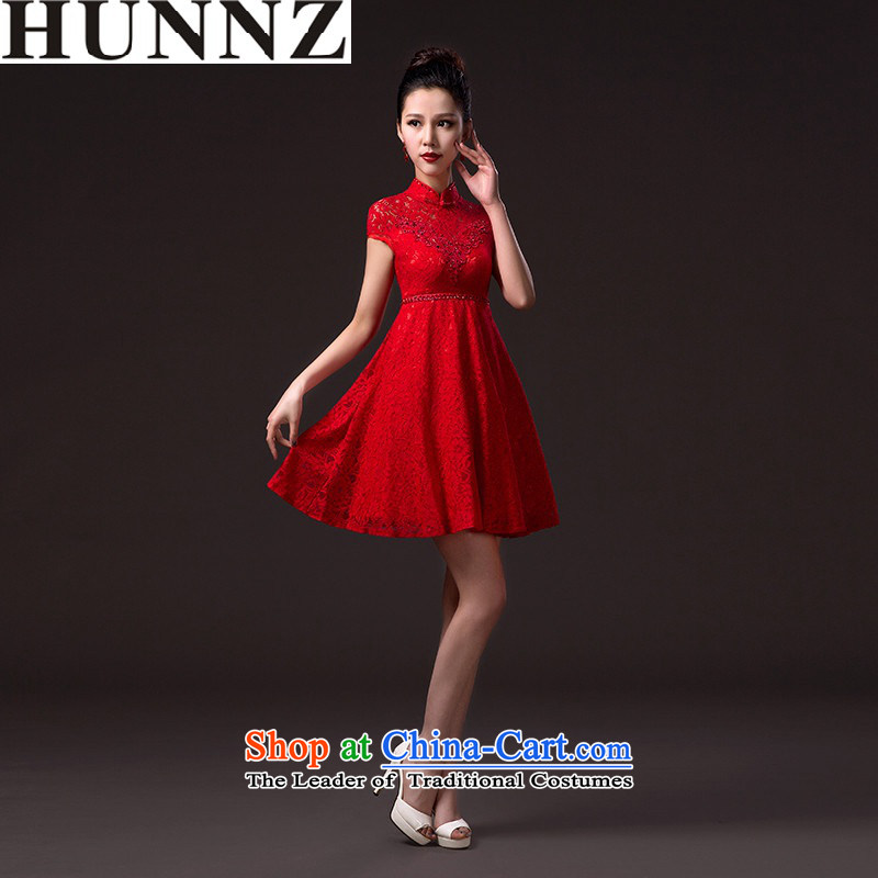      New stylish 2015 HUNNZ spring and summer lace bridal dresses solid color short, banquet evening dresses bows services red L,HUNNZ,,, shopping on the Internet