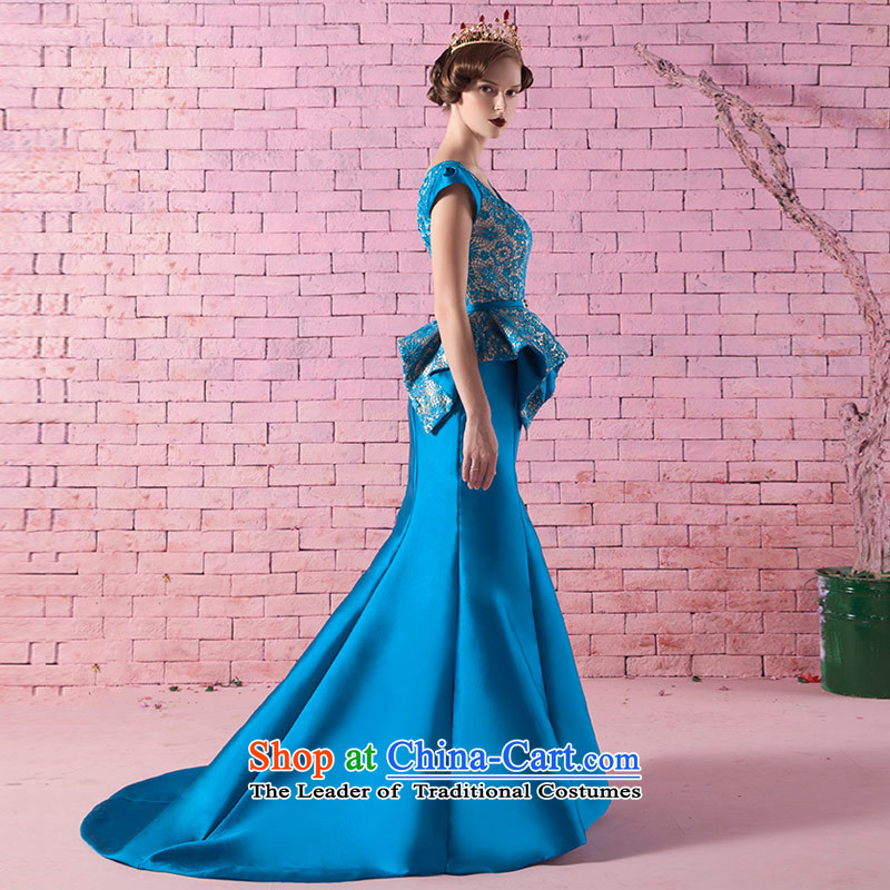 Love of the overcharged new Word 2015 retro shoulder stereo lace Foutune of video thin crowsfoot tail bride bows services banquet dinner dress light blue tailor-made exclusively concept message size that the love of the overcharged shopping on the Internet has been pressed.
