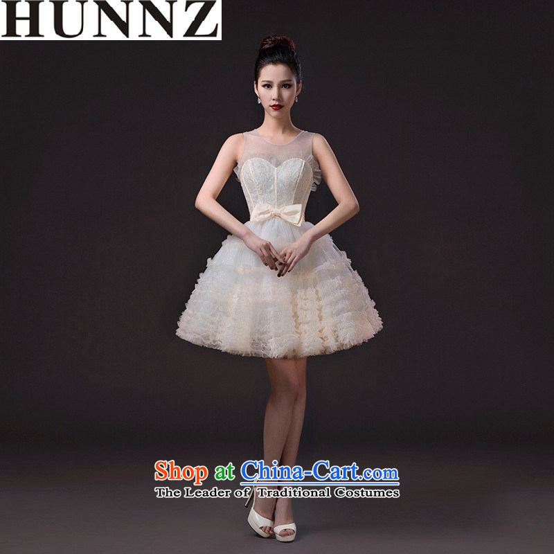 2015 new stylish HUNNZ larger bride wedding dress bows services banquet dinner dress solid color champagne color XL