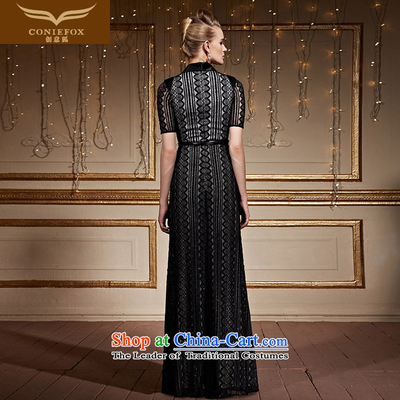 Creative stylish black fox V-Neck banquet evening dresses Sau San Long Short-sleeved gown female evening presided over a drink to lace dress long skirt 30999 Black M pre-sale, creative Fox (coniefox) , , , shopping on the Internet