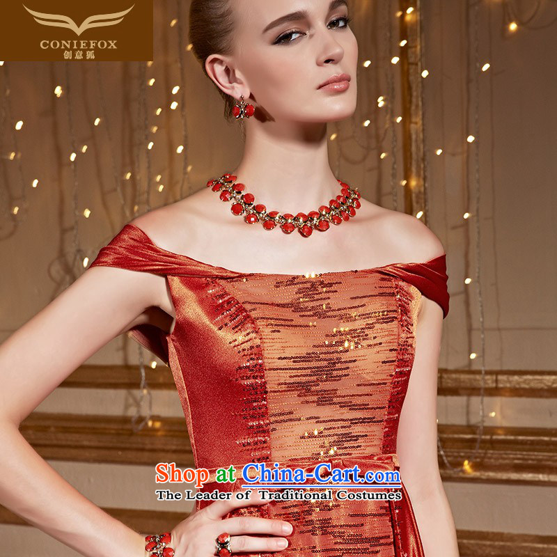 Creative word fox shoulder evening dresses marriage bows services back door dresses and stylish bride nail pearl banquet dress Female dress Sau San autumn 30993 red-orange M creative Fox (coniefox) , , , shopping on the Internet