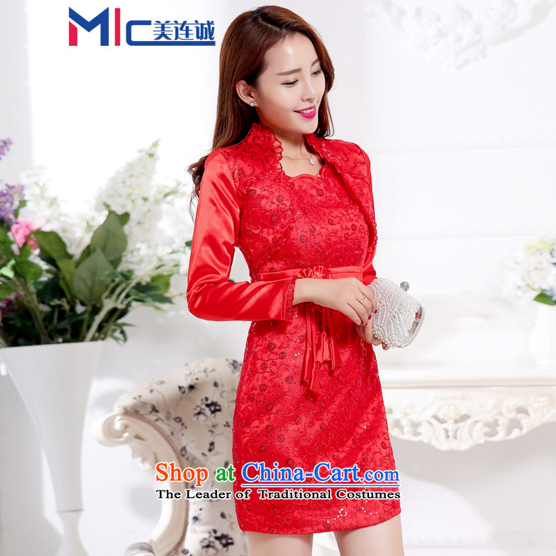 Mei Lin Shing 2015 new cheongsam dress marriage Chinese Dress spring and summer red lace retro improved bride bows Mei Lin M red uniform of good faith has been pressed shopping on the Internet