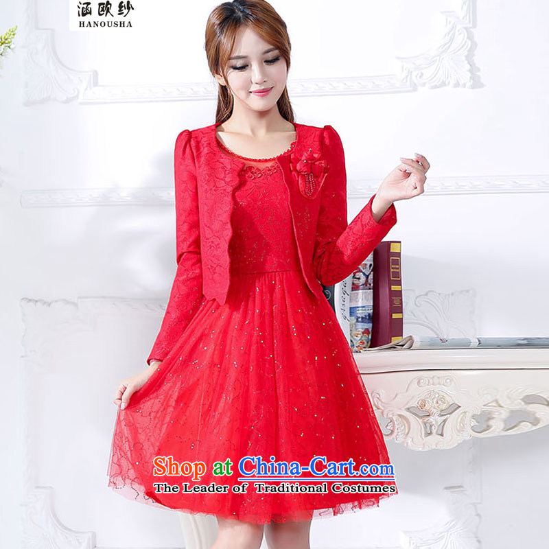 Euro 2015 yarn covered by the new boxed long-sleeved autumn two kits dresses female elegance lady skirt into wine red dress L