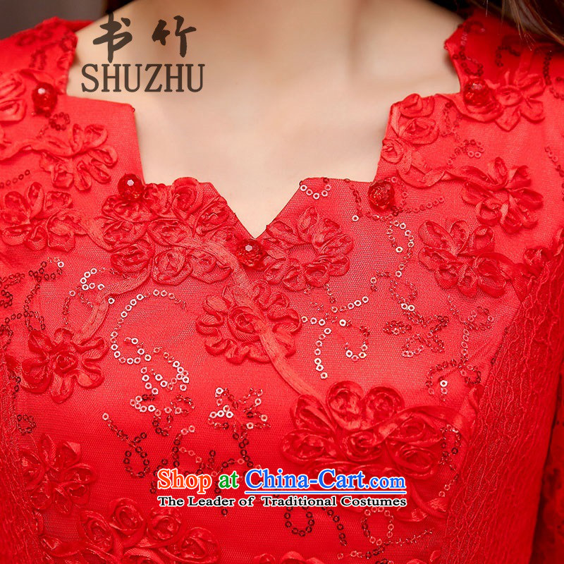 2015 New Service Bridal red bows, lace skirt Top Loin of long-sleeved wedding dress red Sau San Jie-soo attachment, L (JXYL) , , , shopping on the Internet