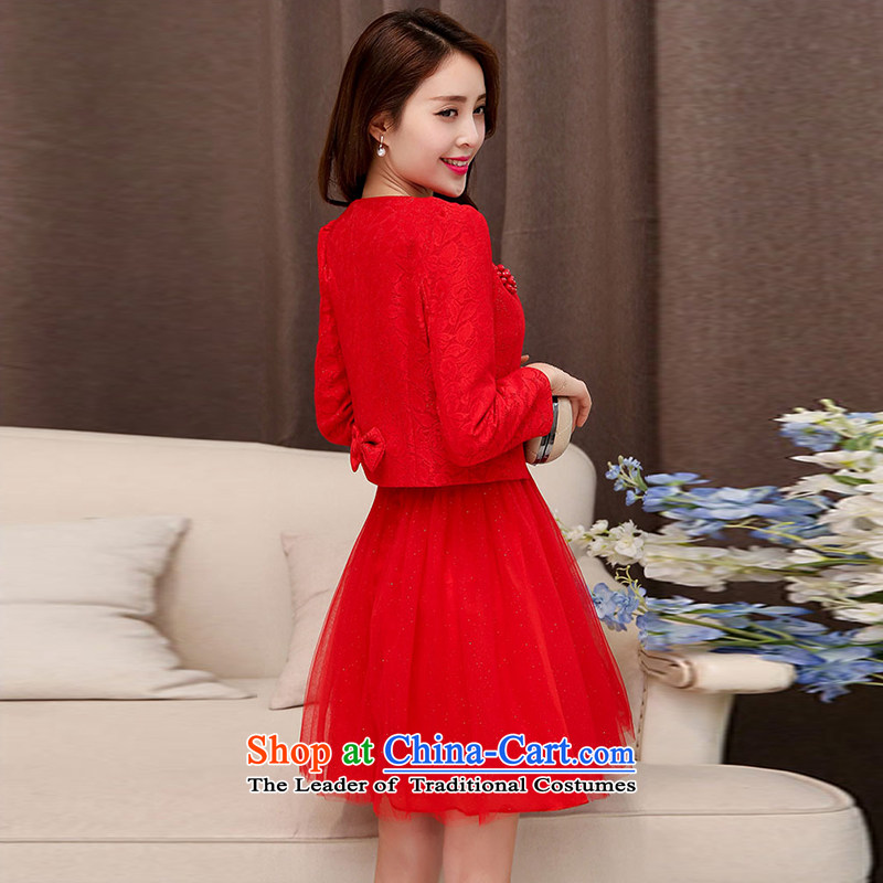 As autumn 2015 Autumn dress female new long-sleeved two kits dresses Red round-neck collar wedding dress bows bridesmaid services services red cross-chau (QIQIU L, , , , shopping on the Internet)