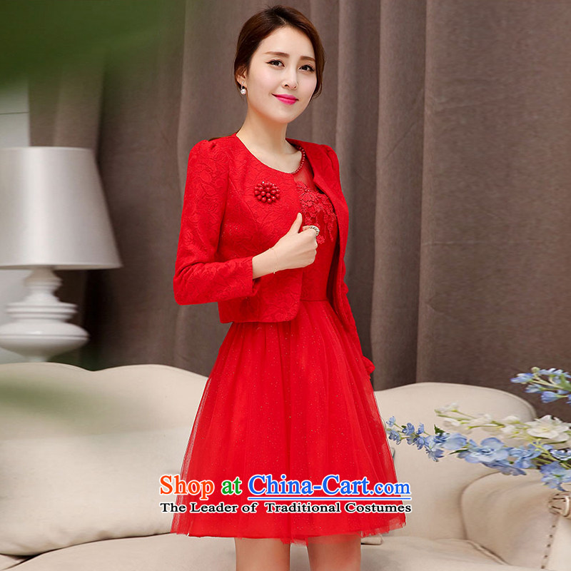 As autumn 2015 Autumn dress female new long-sleeved two kits dresses Red round-neck collar wedding dress bows bridesmaid services services red cross-chau (QIQIU L, , , , shopping on the Internet)