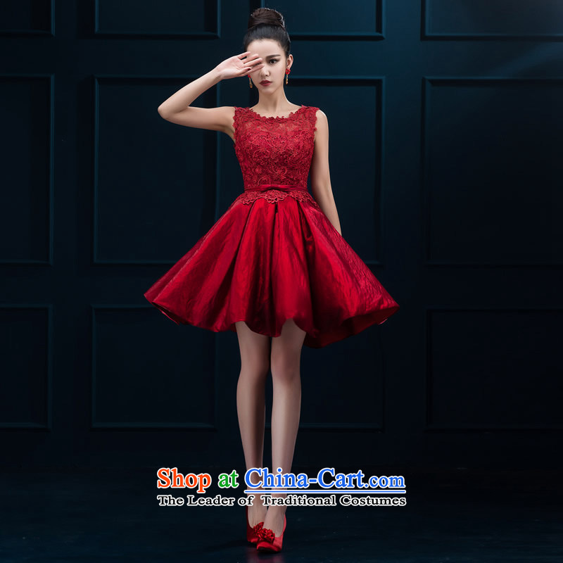 Pure Love bamboo yarn 2015 new word shoulder red lace bride stylish wedding dress SHORT SLEEVES) bows serving women banquet deep red plain love bamboo yarn XL, , , , shopping on the Internet