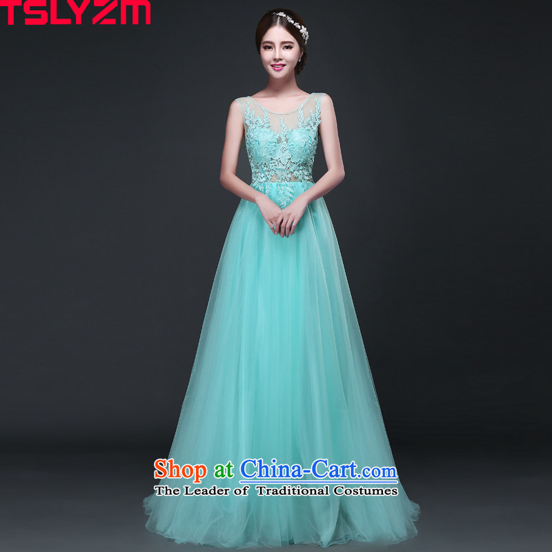 Tslyzm evening dresses long dresses Korean female banquet show will fall and winter 2015 new shoulders round-neck collar back lace small trailing lake blue m,tslyzm,,, shopping on the Internet