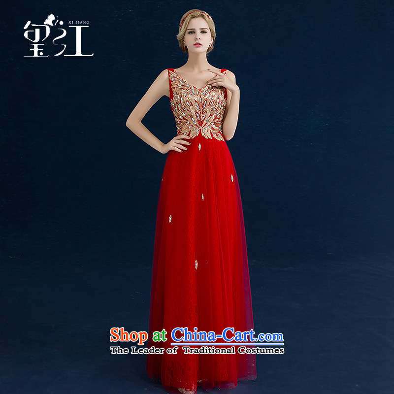 Seal Jiang marriages bows dress skirt 2015 winter new magenta lace on chip long shoulders V-neck strap for larger female Red Dress Sau San XL