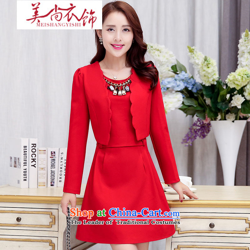 The United States is still loaded autumn and winter clothing Korean new large red two kits dresses small dress dress back to door onto the bride bows dress of red and black , L, the United States and yet clothing shopping on the Internet has been pressed.