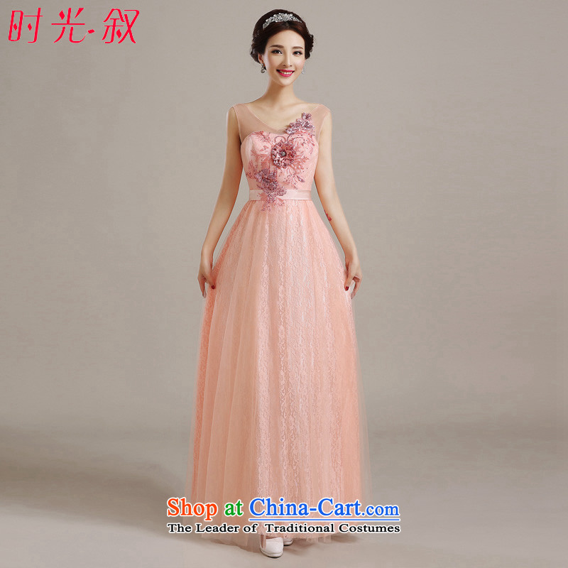 Time the  new 2015 Syria bare pink marriage round-neck collar transparent shoulders wedding dresses long evening dress bows Service Bridal large fat mm video thin bare pink S