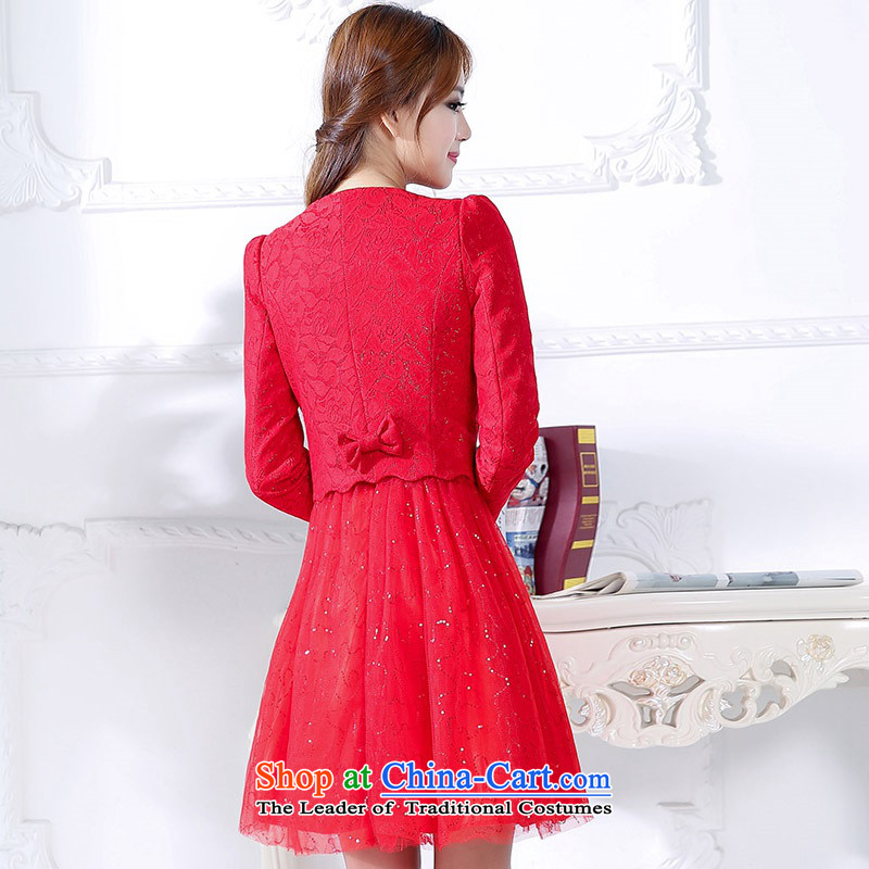 2015 Autumn and winter in the new president of the Red long two kits bridal dresses video thin banquet service     temperament princess skirt Fashion bows service performance dress 1 red M,uyuk,,, shopping on the Internet