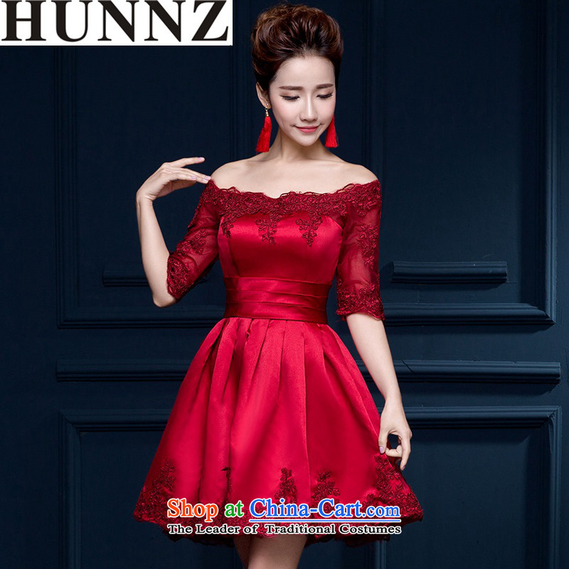 2015 Korean integrated HUNNZ WITH SHORT SLEEVES) Bride wedding dress banquet evening dresses bows services wine red L,HUNNZ,,, shopping on the Internet