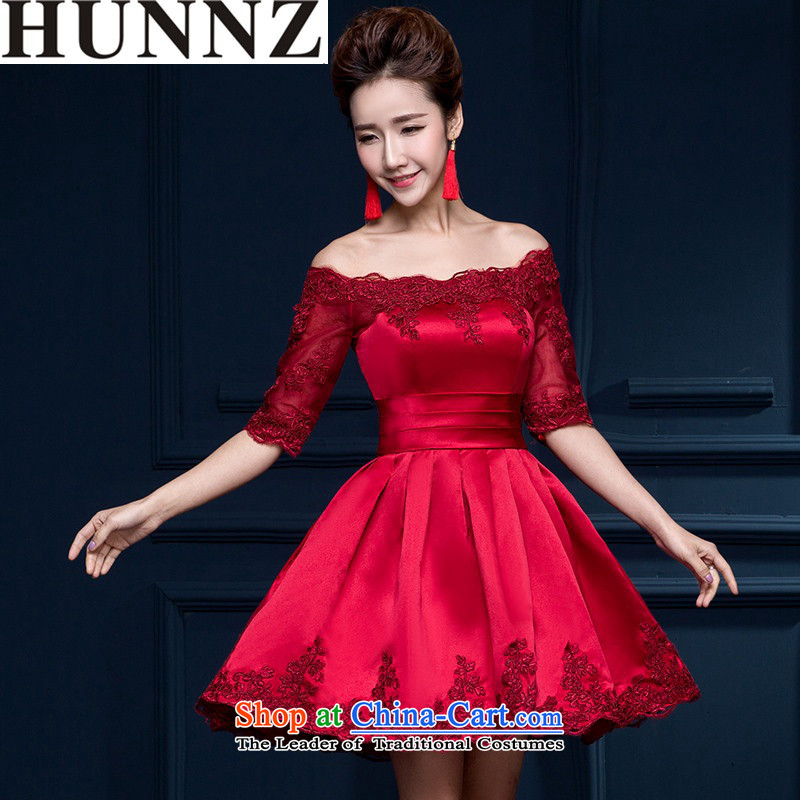 2015 Korean style of HUNNZ field shoulder larger repair service banquet bride dress toasting champagne evening dresses bridesmaid to serve in the wine red sleeved M,HUNNZ,,, shopping on the Internet