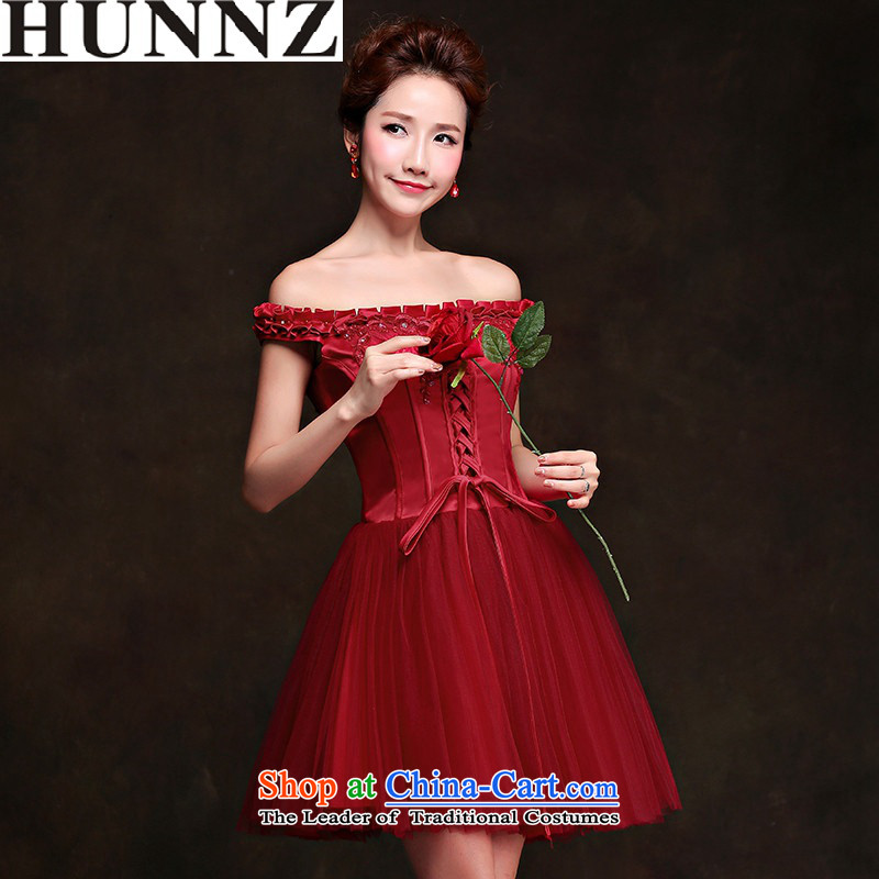 2015 service banquet HUNNZ toasting champagne evening dress bride wedding dress Korean word shoulder wine red wine red L,HUNNZ,,, shopping on the Internet