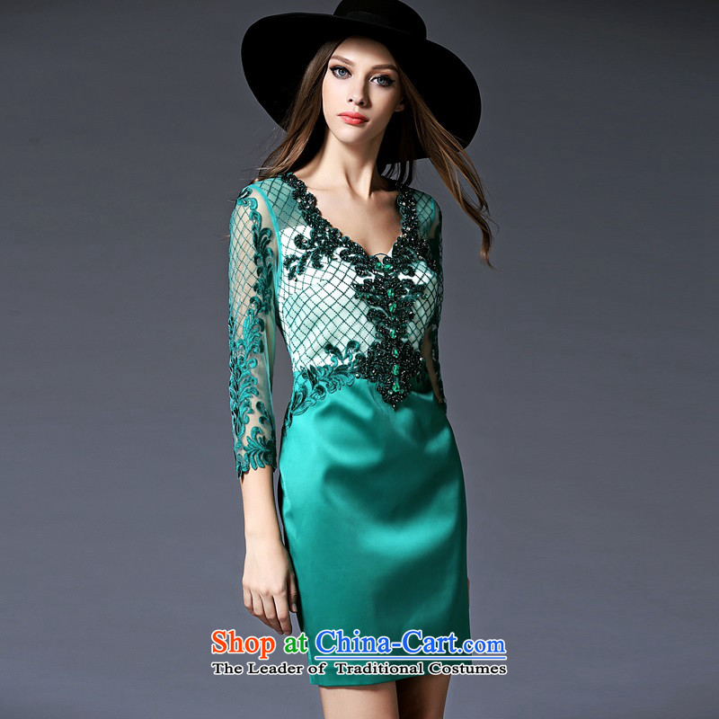 The OSCE Poetry Film 2015 new women's seven-Sleeve V-Neck banquet night replacing the door onto dress bridesmaid to marry heavy industry for the Pearl River Delta embroidered bride bows to the skirt green M, Europe (oushiying poem) , , , shopping on the Internet