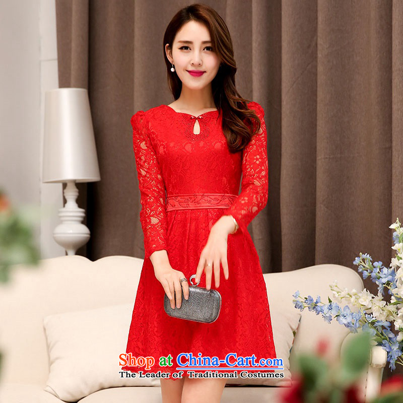 2015 Autumn and Winter Ms. New Red Chinese collar long-sleeved bridal dresses evening dresses Sau San video thin Foutune of Princess Bride skirt lace hook flower bon bon Skirts 1 red M,uyuk,,, shopping on the Internet