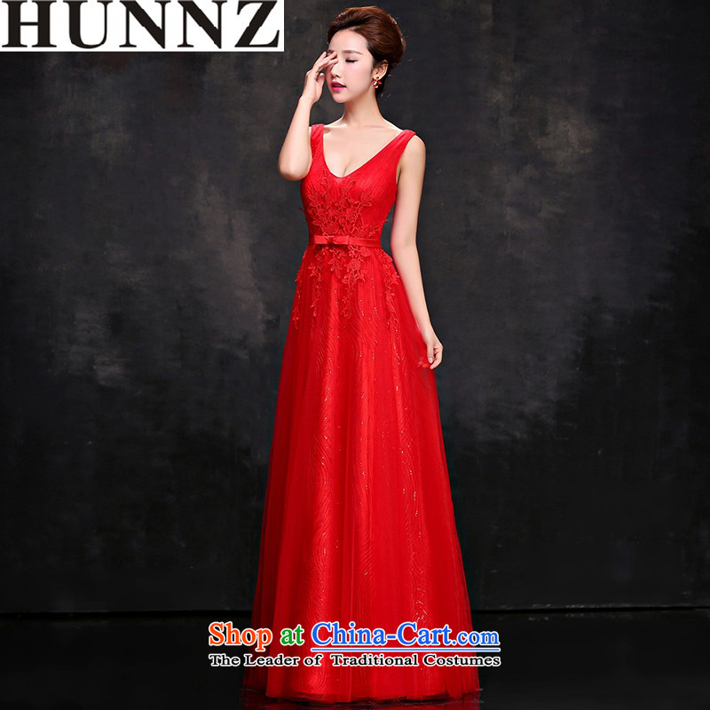 2015 Korean-style HUNNZ V-Neck stylish bride dress evening dress bows service banquet lace long sleeveless red M,HUNNZ,,, shopping on the Internet