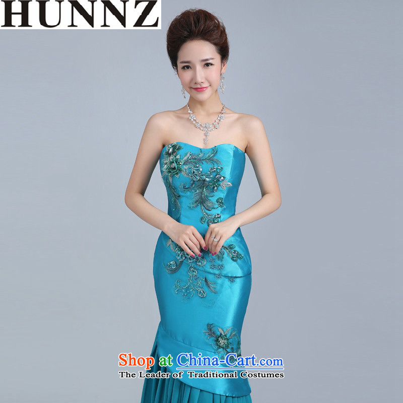 2015 Long retro HUNNZ bride wedding dress banquet dinner dress uniform larger women toasting champagne blue XXL,HUNNZ,,, Wu shopping on the Internet