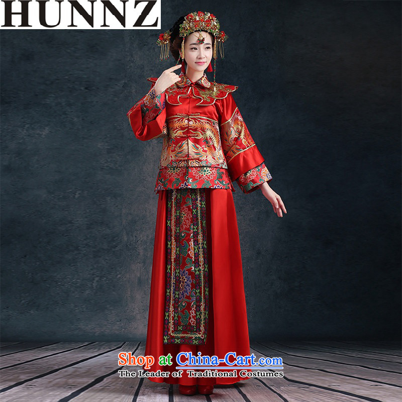 2015 Long long-sleeved HUNNZ red bride minimalist Sau San for larger wedding dress bows services evening dress red XL