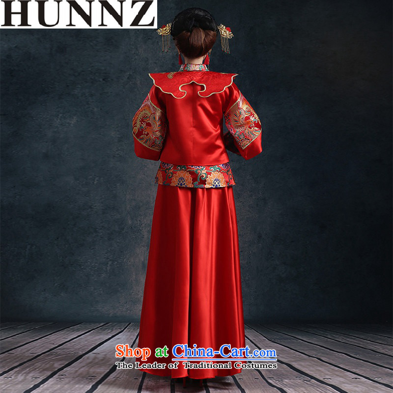 2015 Long long-sleeved HUNNZ red bride minimalist Sau San for larger wedding dress bows services evening dress red XL,HUNNZ,,, shopping on the Internet