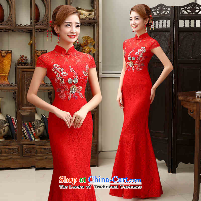 2015 Long retro HUNNZ embroidery saika bride wedding dress red banquet bows services RED M