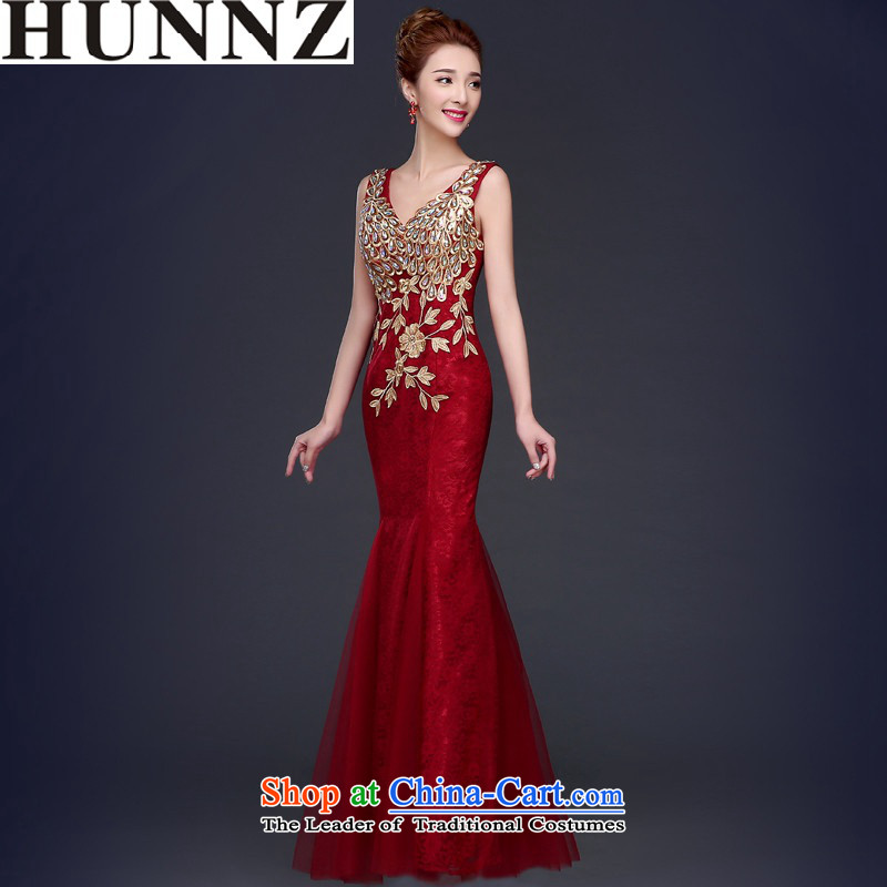 By 2015, the bride HUNNZ crowsfoot wedding dress moderator clothing elegant banquet dinner dress V-Neck wine red S,HUNNZ,,, shopping on the Internet