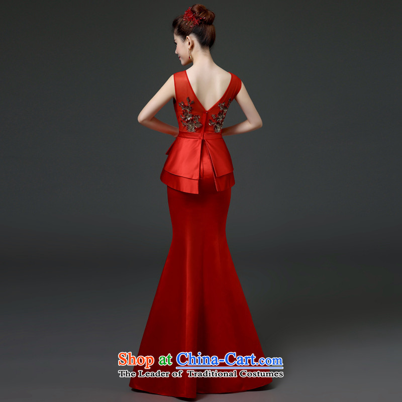 The Friends of the bride bows services long shoulders get married Korean version of Red Dress field shoulder graphics thin crowsfoot satin dress auspices to align the banquet gown red XL 2.2 feet code waist-lan (LANYI Yi) , , , shopping on the Internet