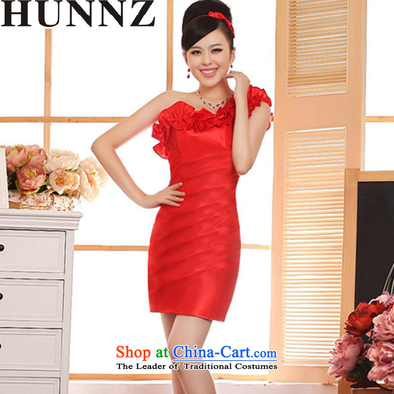 2015 princess Skirt holding HUNNZ short single shoulder solid color bride minimalist wedding dress evening dress uniform red?XXL toasting champagne