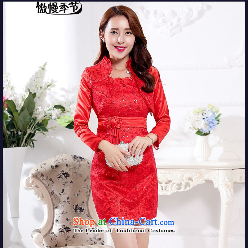 Bridesmaid marriages bows evening dresses female red long spring and summer wedding dresses, Red聽XXXL