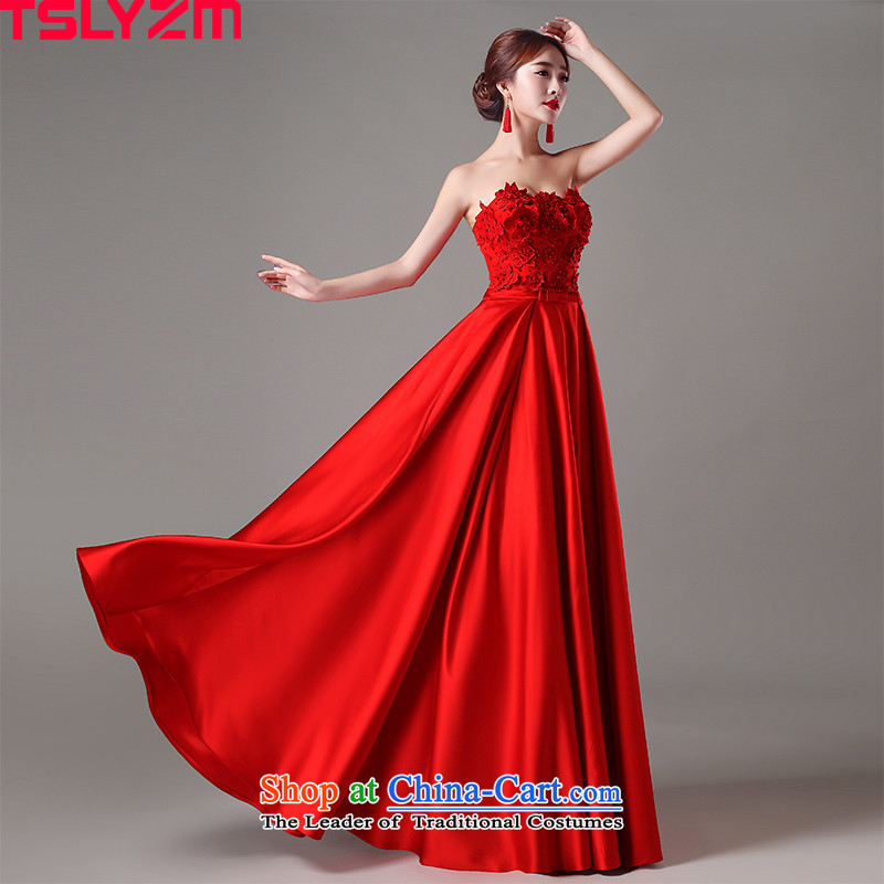 Tslyzm2015 new bride autumn and winter Wedding Dress Short, bows to serve evening out chest lace Satin pearl of the nails banquet dresses damask skirt red long XXL