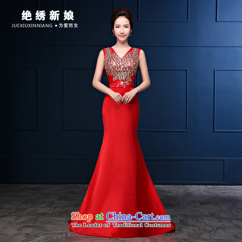 Embroidered bride 2015 autumn is by no means new red shoulders bride crowsfoot bows large service banquet dress Sau San red tailor-made be NO refund