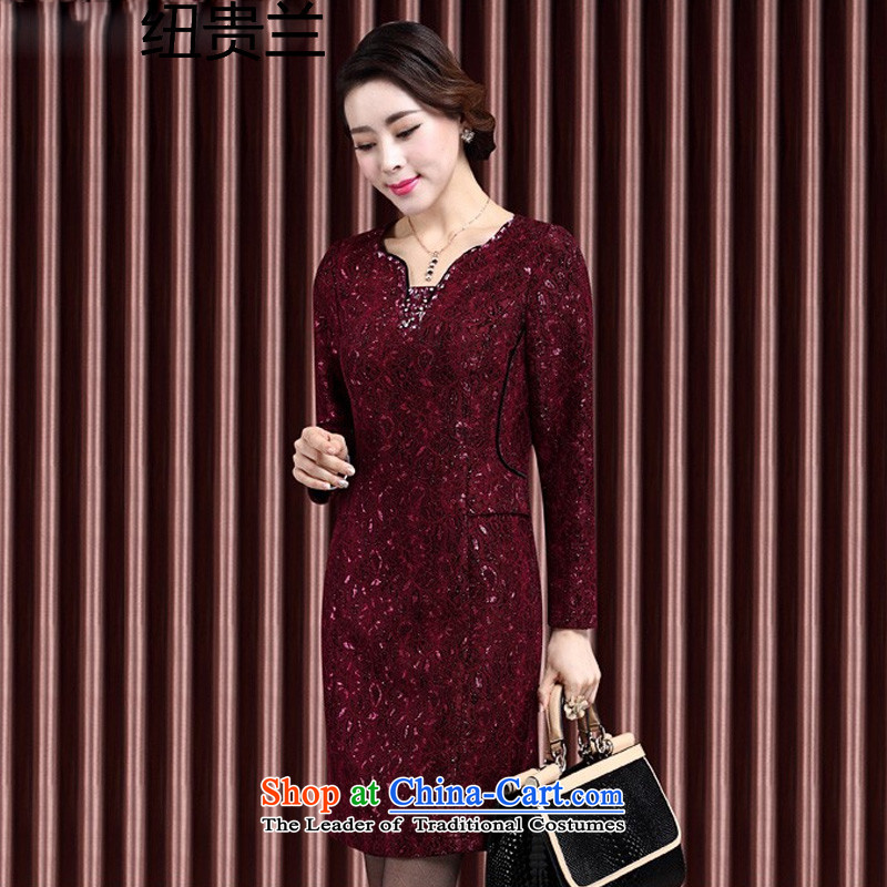 In 2015, the elderly woman fall inside the new dresses wedding dresses with mother middle-aged women's temperament long-sleeved lace dresses aubergine XL, Niue, the , , , shopping on the Internet