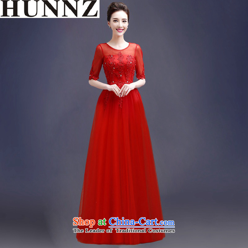 2015 Short of HUNNZ straps solid color word shoulder bride wedding dress bows services banquet evening dresses red long XXL,HUNNZ,,, shopping on the Internet