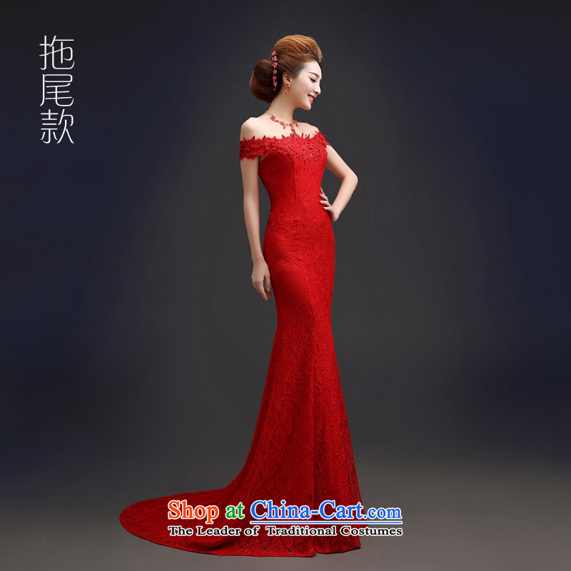 2015 Long dresses HUNNZ tail of a field of solid color shoulder bride wedding dress stylish banquet dinner dress red tail XL,HUNNZ,,, shopping on the Internet